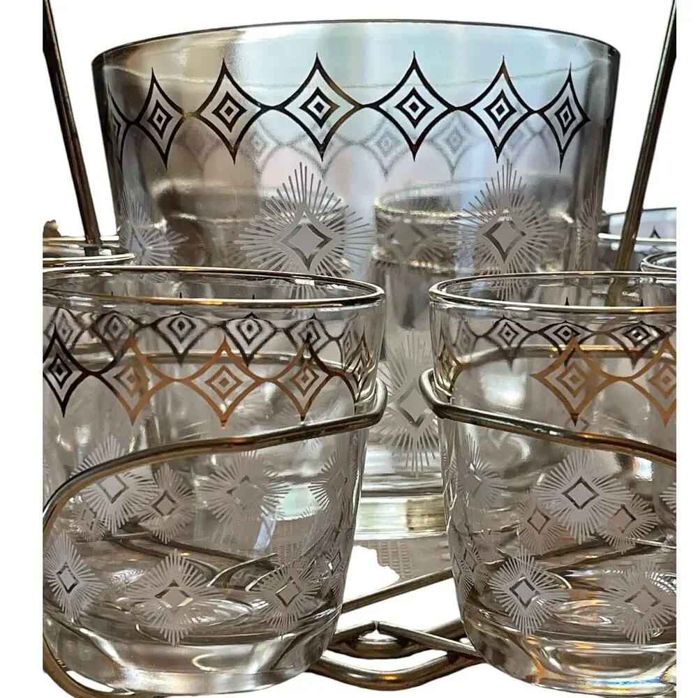 Jeannette Glass Atomic 10 Piece MCM Vintage Bar Set Glasses Ice Bucket Carrier